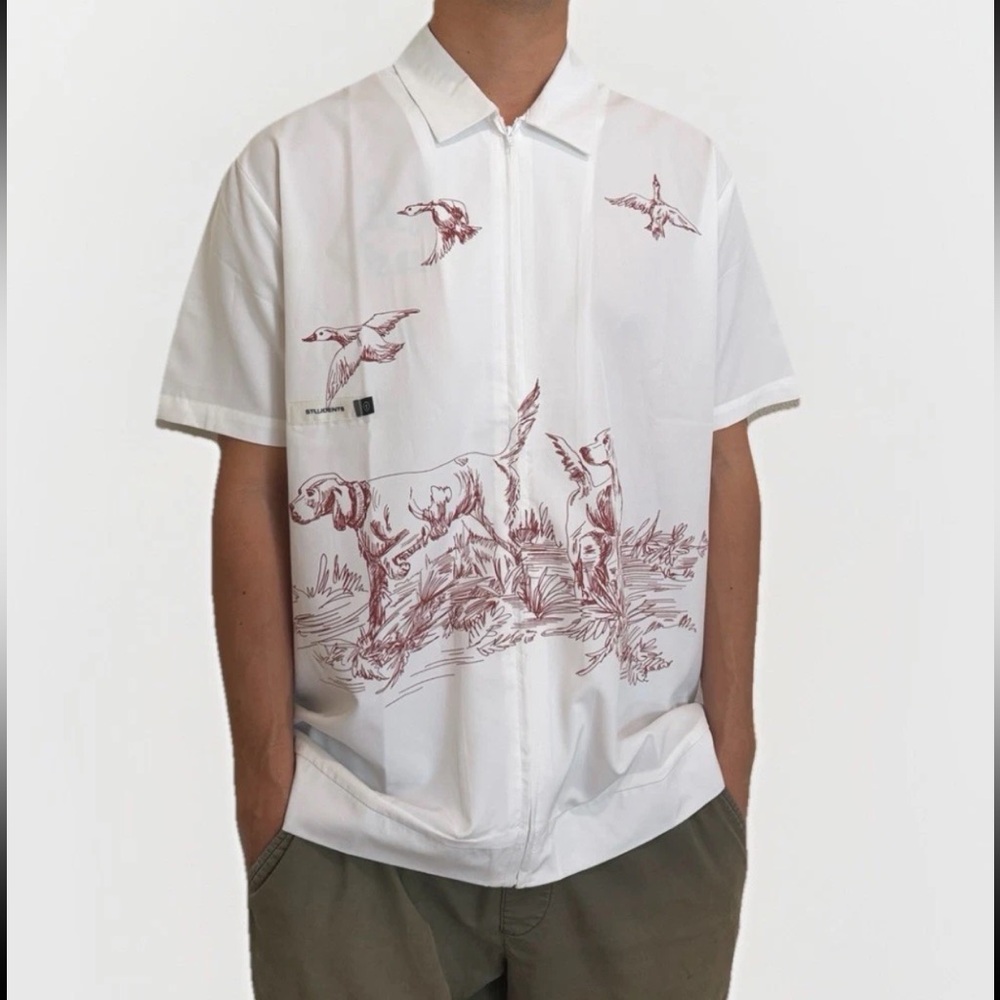 Students White Graphic Zip-Up Shirt Artsy Print Rare Designer Style Size L